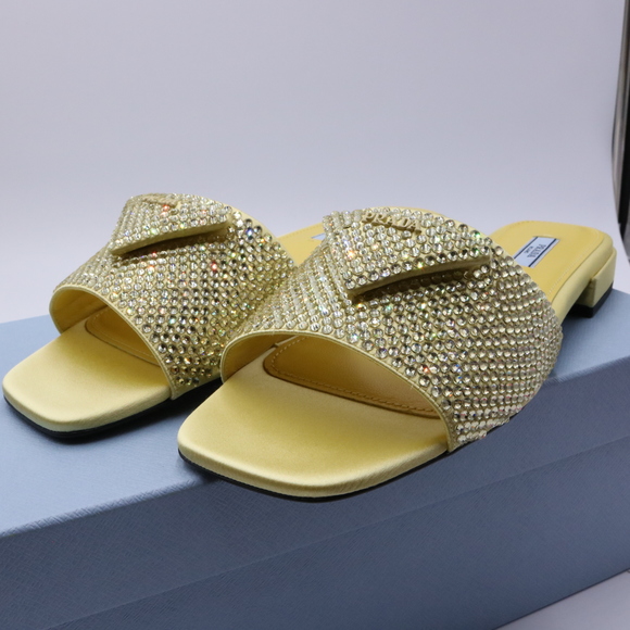 Prada 39 Yellow Crystal Strassed Ciabatte Logo Calzature Donna Flat Slides E716 - Picture 12 of 13